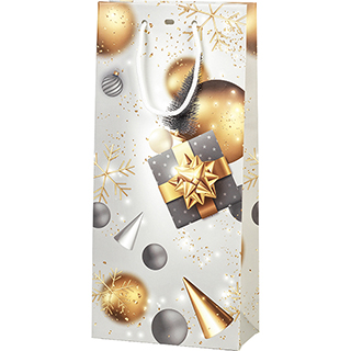 Bag paper 2 bottles MERRY CHRISTMAS grey/gold white cord handles eyelet