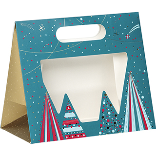 Bag paper foldover MERRY CHRISTMAS blue/red/gold hot foil stamping PET window adhesive closure