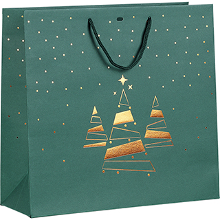 Bag paper MERRY CHRISTMAS green/copper hot foil stamping  Christmas trees green cord handles eyelet