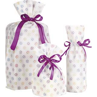 Bag non woven polypropylene  white/multicolour dot design with purple satin ribbon gifttag