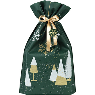 Bag polypropylene non-woven green/white/gold Christmas tree gold satin ribbon gift tag