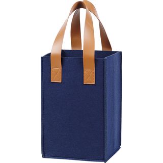 Bag felt rectangular 4 bottles INDIGO blue 2 handles faux leather brown removable dividers