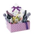 Rectangular purple gingham and flower design gift box with purple bow 35x25x14 cm