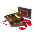Rectangular brown and gold sweet box with separation insert and business card slot 17.6x12.2x2.2 cm