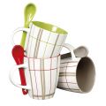 Mug en cramique avec cuillre (10 cm) coloris lignes gris/rouge intrieur gris D7.2xH8.5 cm