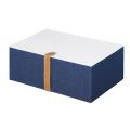 Rectangular white and brown imitation leather gift box with jean fabric and closure with press stud