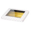 Rectangular 5 row chocolate box with PVC window / black and white with gold lines
