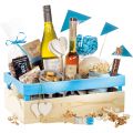 Rectangular wooden tray with handles - blue and natural color 38x23x13.5 cm
