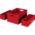 Caisse bois rectangle coloris rouge  2 tiroirs avec 3 sparations amovibles  poignes corde niveau tiroirs  2 poignes niveau plateau  32x23x16