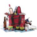 Round foldable cooler bag with 2 handles and bottle opener / red and grey