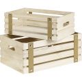 Rectangular wood crate with brown faux leather strips  