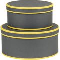Round cardboard gift box with magnetic flap / grey and yellow
