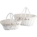 Oval split willow and wood basket / foldable handles / white with cream fabric lining