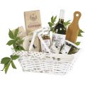 Rectangular split willow and wood basket / foldable handles / white with cream fabric lining