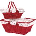 Rectangular split willow and wood basket / foldable handles / red with beige fabric lining