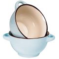 Bowl ceramic blue/beige brown edge 2 handles