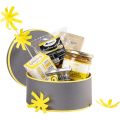 Round cardboard gift box with magnetic flap / grey and yellow