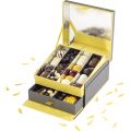 Coffret carton carr chocolats 2 tages avec tiroir gris/motifs jaunes 2 x 4 ranges