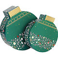 Coffret carton forme boule BONNES FETES vert/blanc/rouge/dorure  chaud or