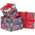 Box cardboard kraft square CHRISTMAS MOSAIC green/red/gold hot foil stamping/bow satin/red cord
