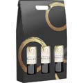 Triple bottle presentation gift box black/gold ring design pre-cut windows and handle / flat packed