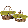 Basket wicker/wood oval brown green fabric/white edge foldable handles