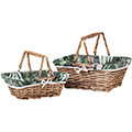 Basket wicker/wood rectangular brown green fabric/floral pattern foldable handles