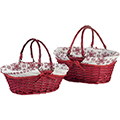 Basket wicker/wood oval red white fabric/red Snowflakes foldable handles