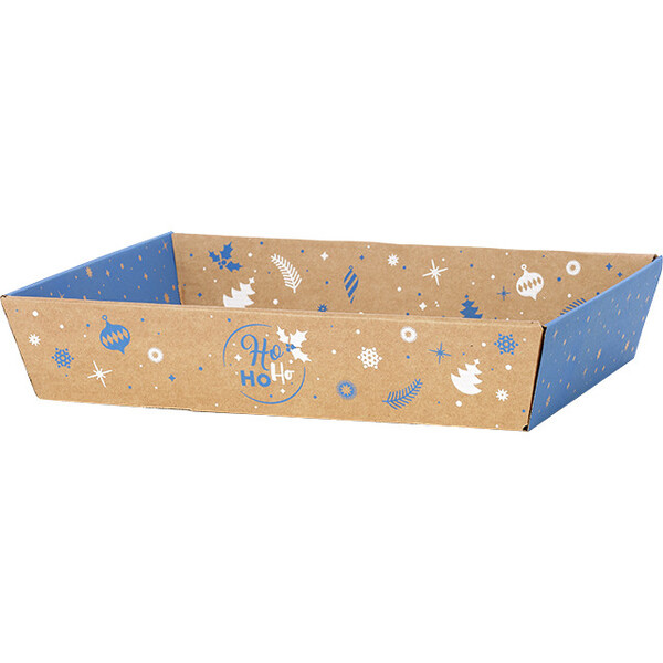 Tray cardboard kraft rectangular WINTER FESTIVITIES blue/white delivered flat (dimension assembled)