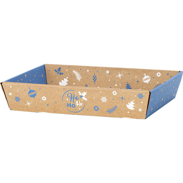 Bandeja cartón kraft rectangular INVIERNO FESTIVO azul/blanco entrega plana (dimensión ensamblada)