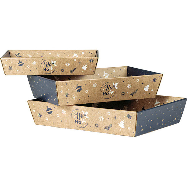 Bandeja cartón kraft rectangular INVIERNO FESTIVO azul/blanco entrega plana (dimensión ensamblada)