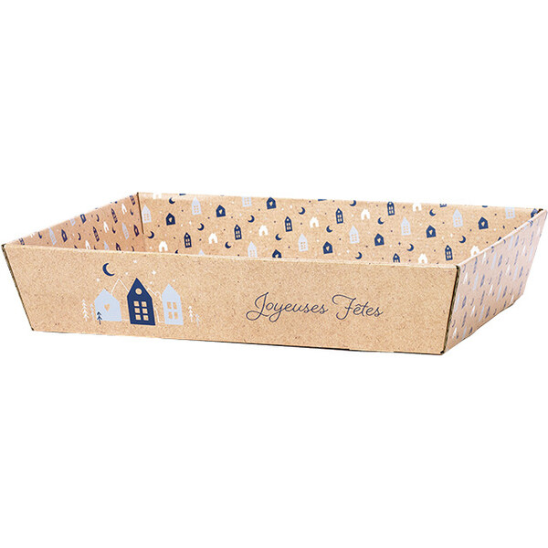 Bandeja cartón kraft rectangular OSLO azul/blanco entrega plana (dim. bandeja montada)