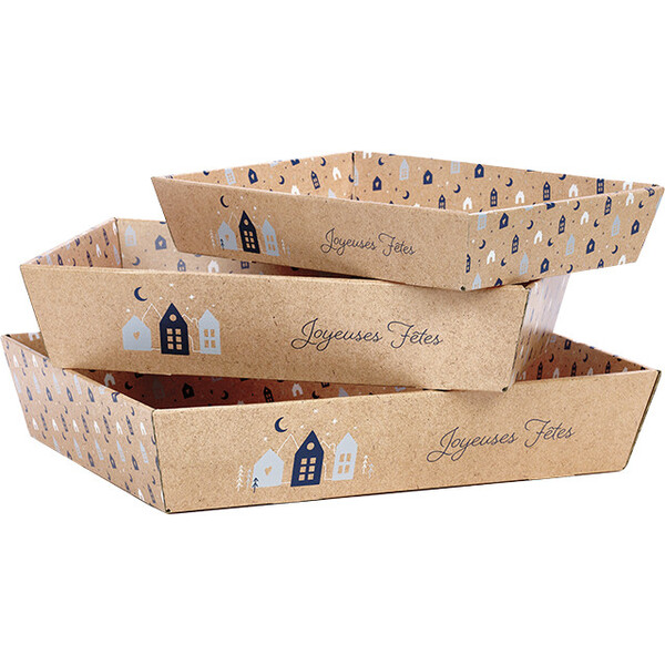 Bandeja cartón kraft rectangular OSLO azul/blanco entrega plana (dim. bandeja montada)