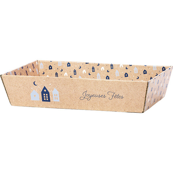 Bandeja cartón kraft rectangular OSLO azul/blanco entrega plana (dim. bandeja montada)