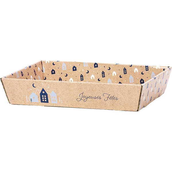 Corbeille carton kraft rectangle OSLO bleu/blanc livrée à plat (dim. corbeille montée)