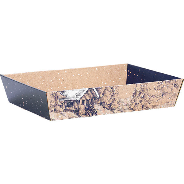Bandeja cartón kraft rectangular INVIERNO CANADIENSE azul/blanco entrega plana (dim. bandeja montada)