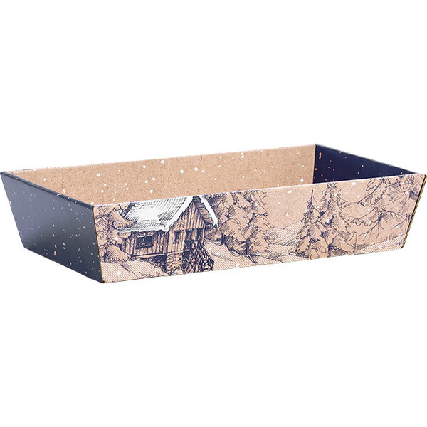 Corbeille carton kraft rectangle HIVER CANADIEN bleu/blanc livrée à plat (dim. corbeille montée)