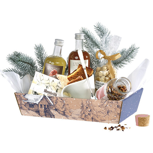 Corbeille carton kraft rectangle HIVER CANADIEN bleu/blanc livrée à plat (dim. corbeille montée)