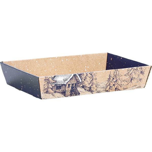 Corbeille carton kraft rectangle HIVER CANADIEN bleu/ blanc livrée à plat (dim. corbeille montée)