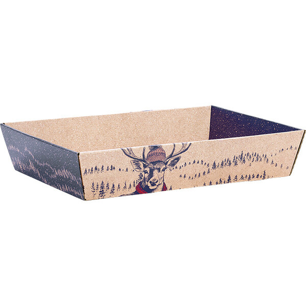 Bandeja cartón kraft rectangular ENCUENTRO INSOLITOS ciervo/rojo/azul/blanco entrega plana (dim. bandeja montada)