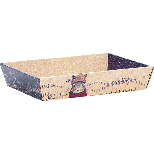 Corbeille carton kraft rect RENCONTRES INSOLITES écureuil/rouge/bleu/blanc livr. à plat (dim. corb. montée)