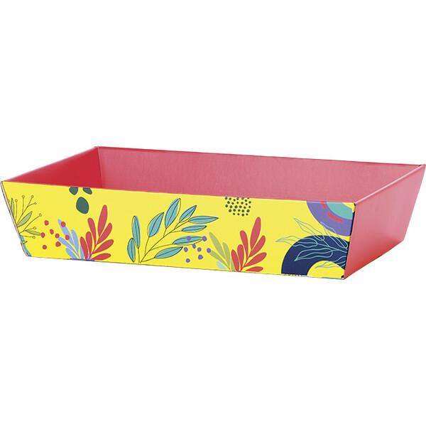 Bandeja cartón rectangular SABORES DE VERANO rojo/amarillo/verte entrega plana   (dimensión montada)