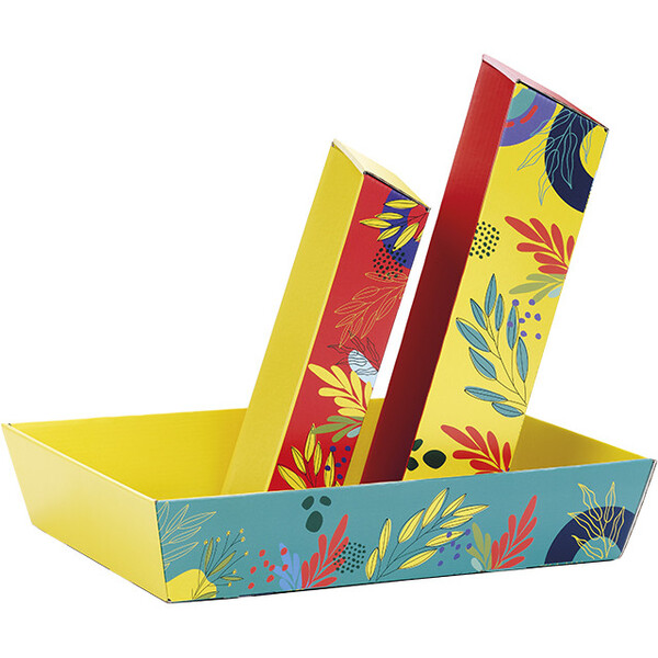 Corbeille carton rectangle SAVEURS ESTIVALES rouge/jaune/vert livrée à plat (dim. corbeille montée)