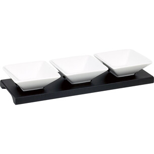 Set of 3 square porcelain ramekins wood board/white and...
