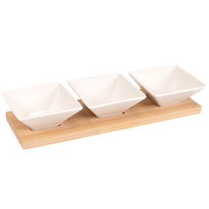 Set of 3 square porcelain ramekins wood board/white and... 2