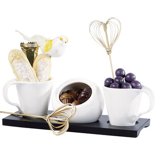 Lot/2 tasses et sucrier porcelaine sur plateau bois 2