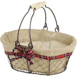 Basket metal aged oval brown jute fabric Scottish edge...