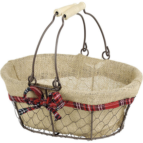 Basket metal aged oval brown jute fabric Scottish edge foldable handles