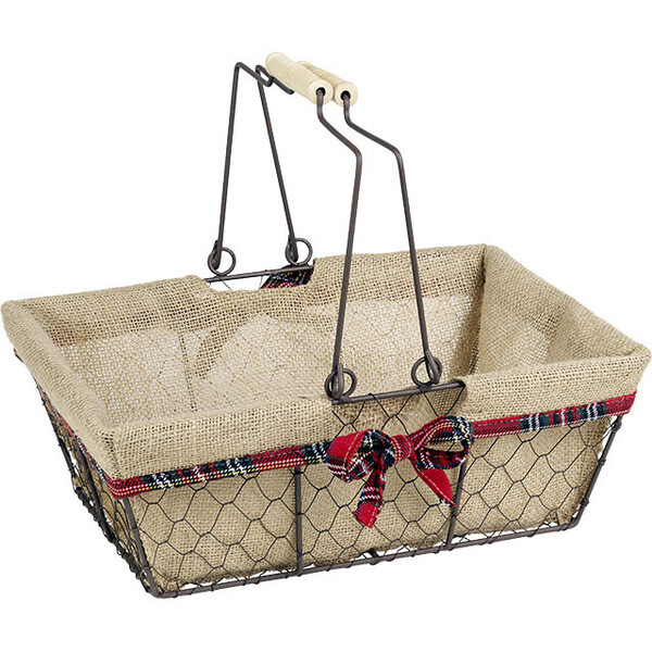 Cesta de metal envejecido rectangular/ tejido de yute marrón/borde escocés asas plegables