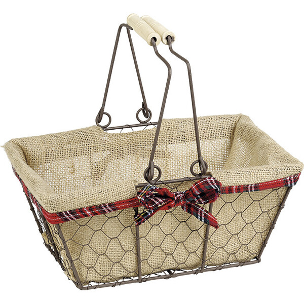 Basket metal rectangular aged brown fabric jute Scottish edge foldable handles